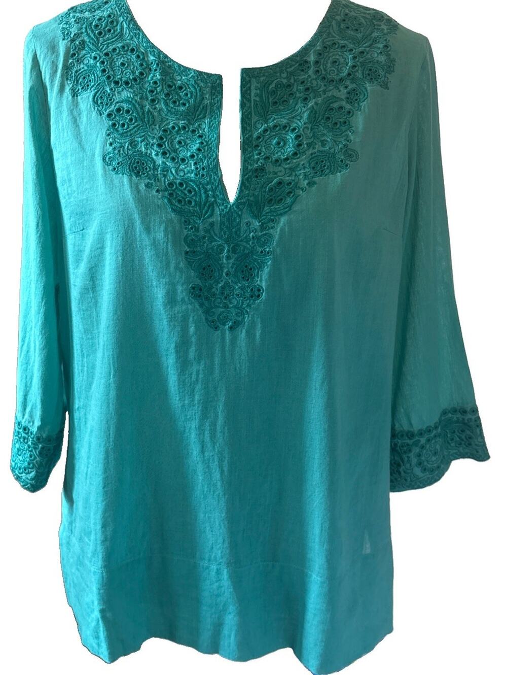 Tommy Bahama Womens Turquoise Embroidered Top Blouse Size Medium Cotton Silk